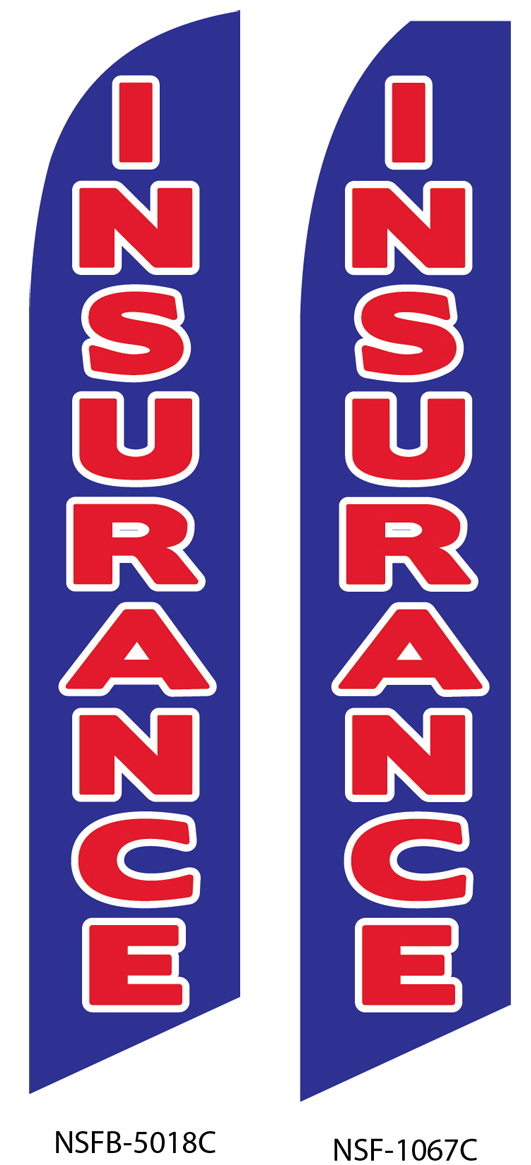 insurance, swooper flags, blue, red lettering