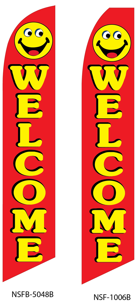 swooper flags, welcome, red, yellow, smiley face
