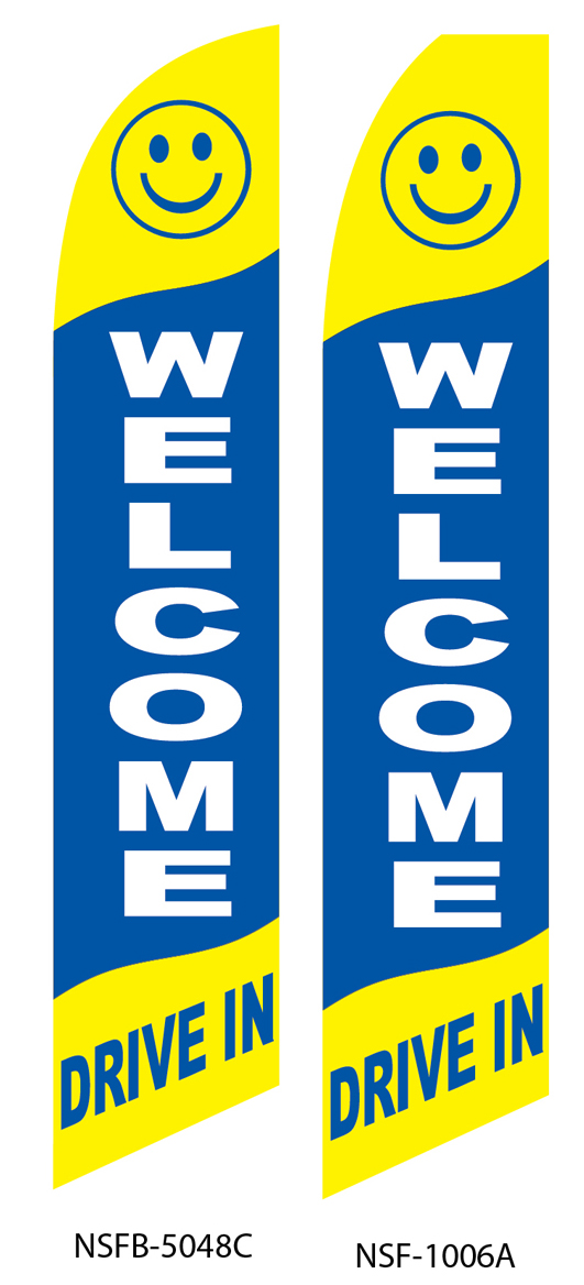 swooper flags, welcome, drive-in, yellow, blue, smiley icon