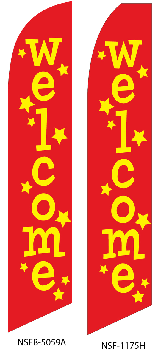 Welcome, swooper flags, red, yellow, stars