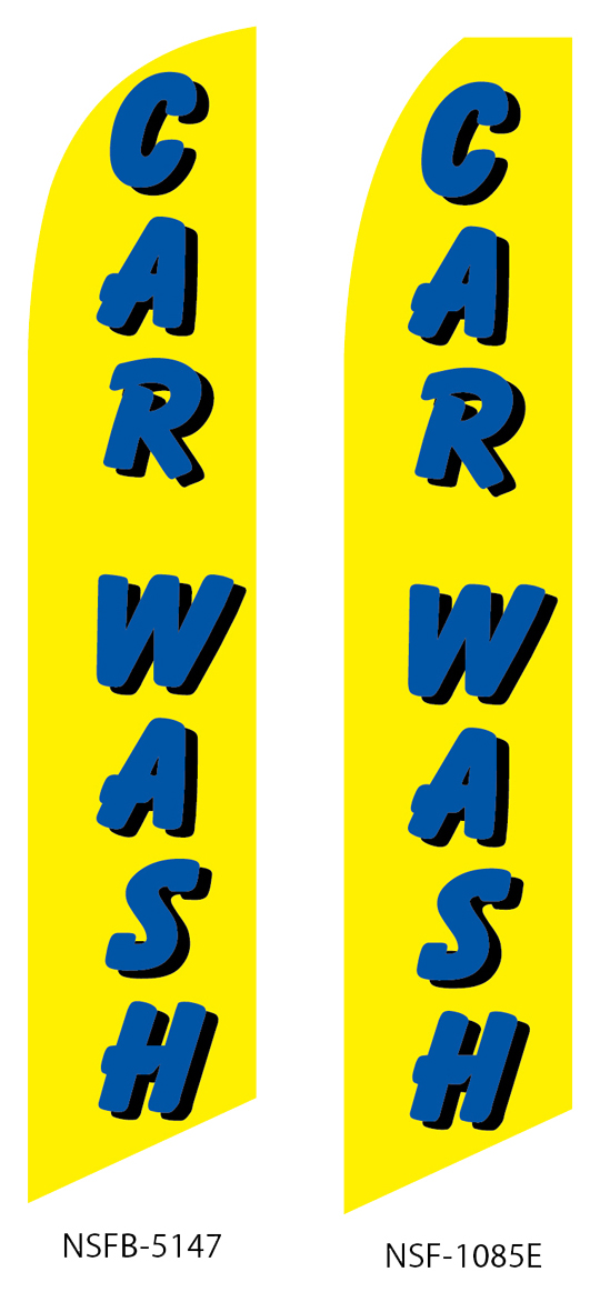 swooper flags, car wash, yellow, blue lettering