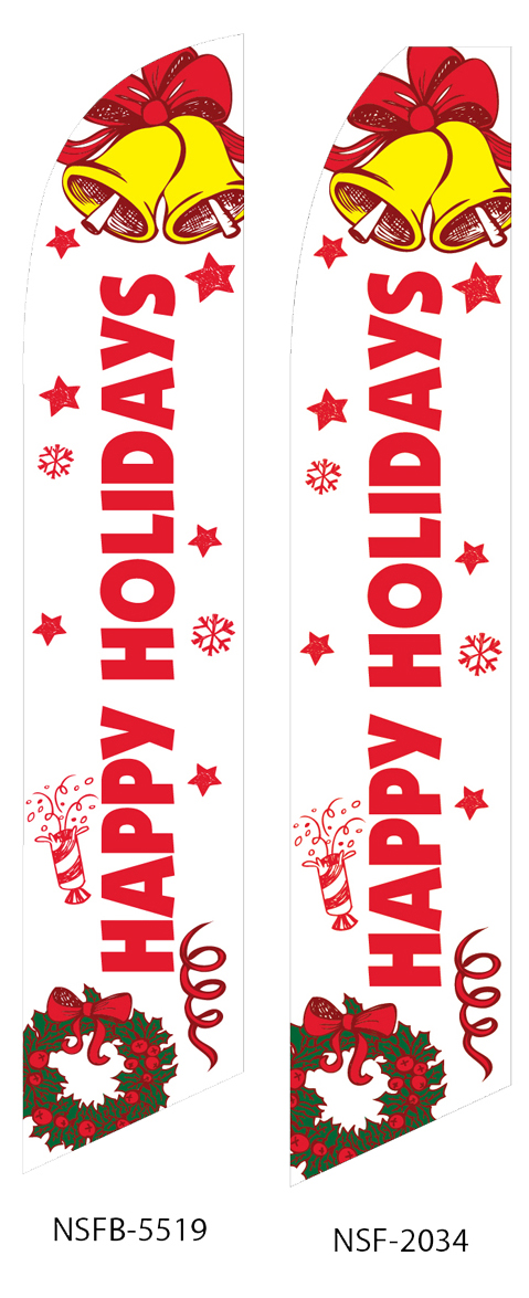 happy holidays swooper flag, white, bells, wreath